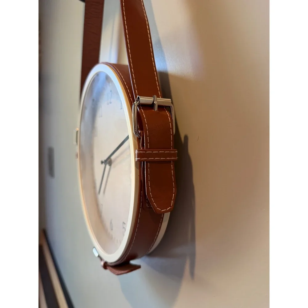 Modern Round Wall Clock with Brown Faux Leather Belt‎ Strap Hanging Detail 11